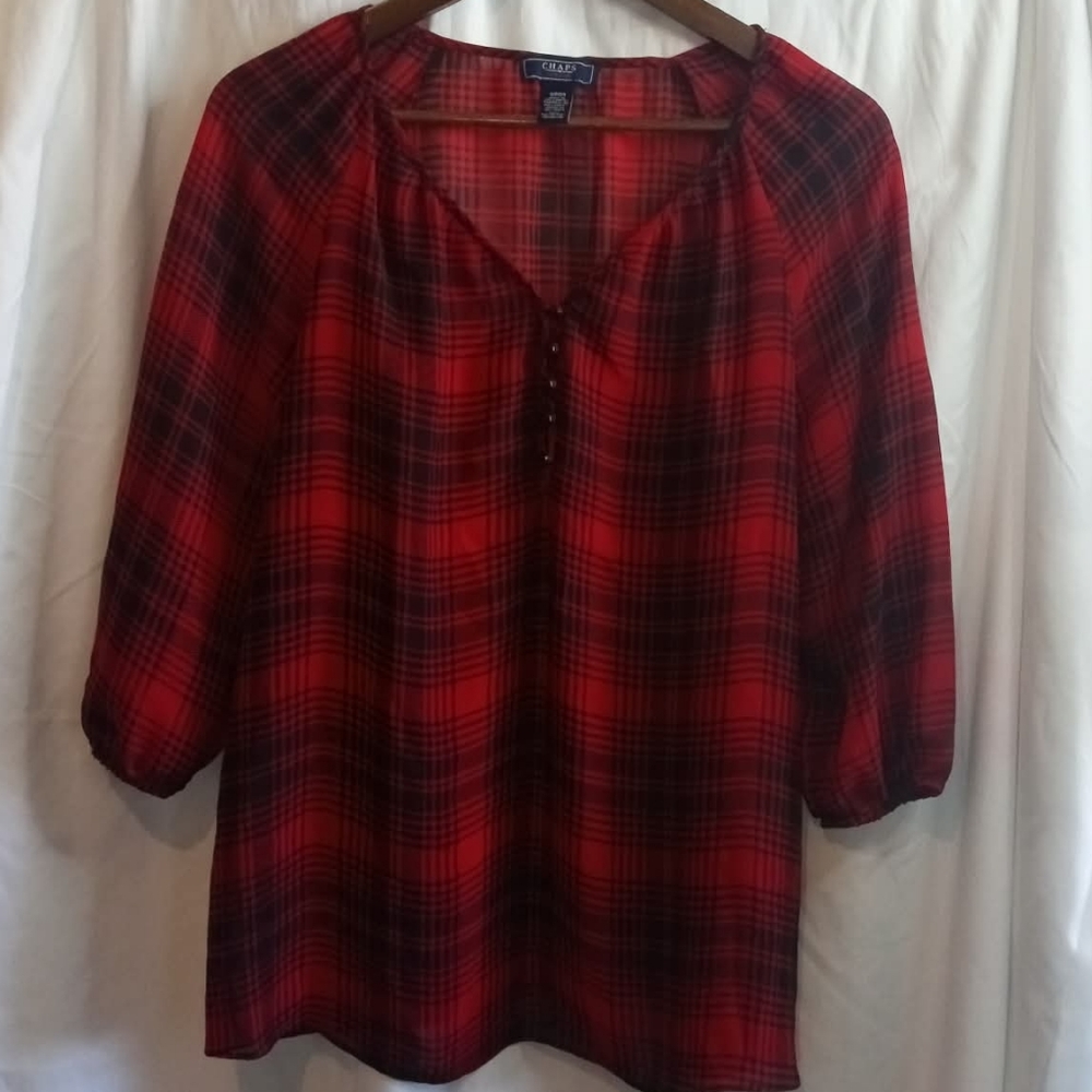Chaps Denim Red Black Plaid Henley Peasant Top Buttons Flowy Fairy Sheer Small